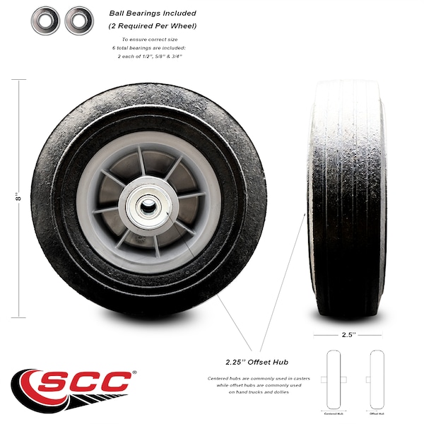 8" x 2.5" Flat Free Hand Truck Dolly Wheel Only w/2.25" Offset Hub&Ball Bearings